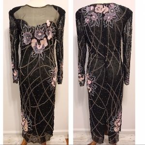 Vintage Black Silk Beaded Sequin Flower Dress S